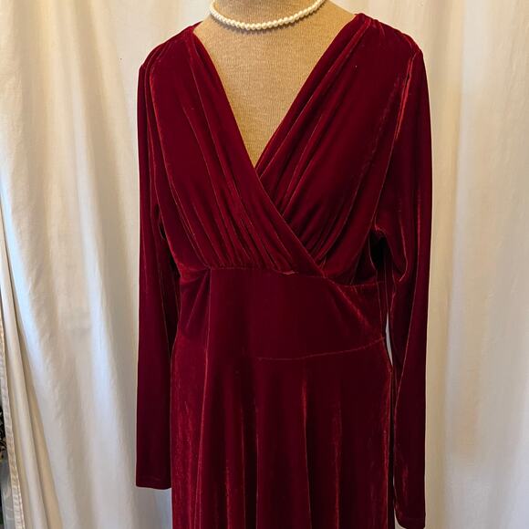 Deep red velvet maxi dress faux wrap wide midriff  v neck long sleeve party - Picture 2 of 11